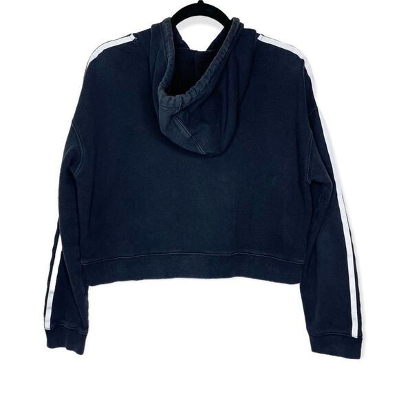 Adidas Black With White Three Stripes Logo Cropped Hooded Sweatshirt Size Small - Picture 2 of 12